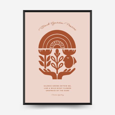 Şekil değiştirmiş elleri olan soyut vektör posteri, çiçek açan bitki ve gökkuşağının altında tünemiş kuş.