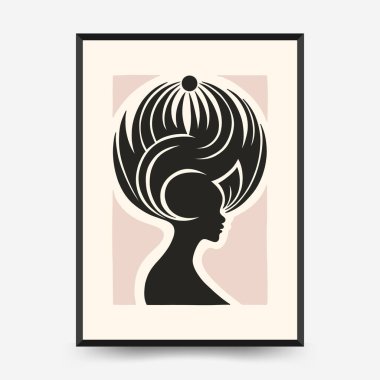 Şekil verilmiş kadın silueti ve akışkan başlıklı soyut vektör posteri