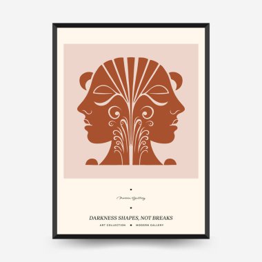 Aynalı insan profilleri ve süslemeli botanik akışı olan soyut vektör posteri