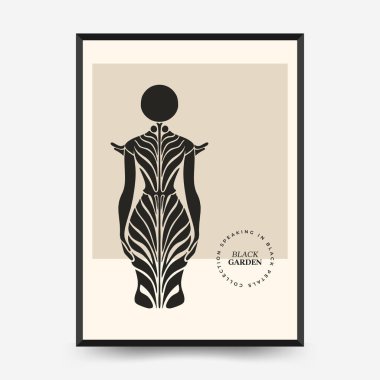Şekillendirilmiş insan figürü ve botanik sırt tasarımı içeren soyut vektör posteri
