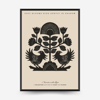 Şekillendirilmiş kuşların olduğu soyut vektör posteri, çiçek açan çiçekler ve simetrik kompozisyonda ışıldayan güneş