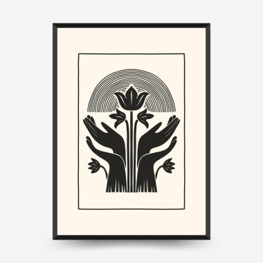 Şekil verilmiş elleri, çiçek açan çiçekleri ve ışıl ışıl güneş ışığıyla soyut vektör posteri