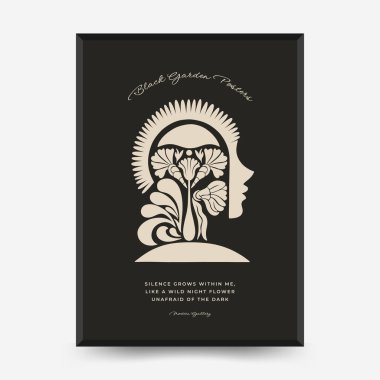 Şekillendirilmiş insan profili ve çiçek açan siluet kompozisyonu olan soyut vektör posteri