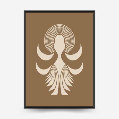 Şekillendirilmiş insan figürüne sahip soyut vektör posteri ve simetrik kompozisyonda ışık saçan süs halesi