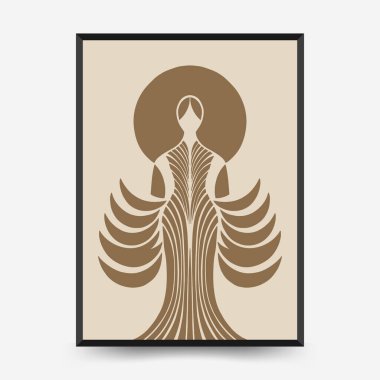 Şekillendirilmiş insan figürüne sahip soyut vektör posteri ve simetrik kompozisyonda akan süs elbisesi