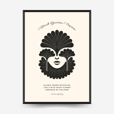 Simetrik bileşimde biçimlendirilmiş yüzü ve botanik fan elemanlarına sahip soyut vektör posteri