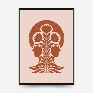 Ayna gibi kadın profilleri olan soyut vektör posteri ve ışıl ışıl kompozisyonda çiçek açan taç.