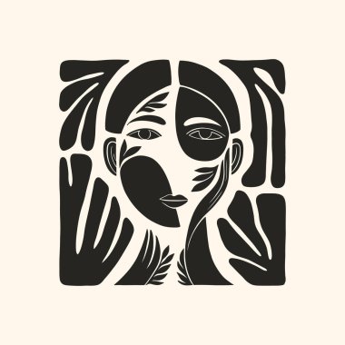 Siyah Bahçe soyut botanik poster seti linocut ilham insan ve çiçek motifleri simetrik siyah ve beyaz kompozisyonlar