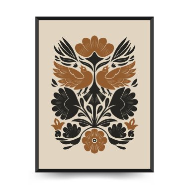 Folk süslü mistik İskandinav linokesim kuşları. Dekoratif baskılar için minimalist posterler.