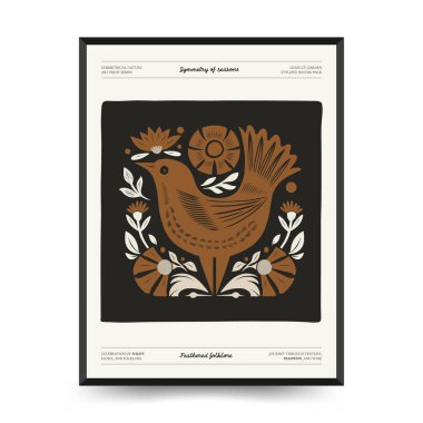 Folk süslü mistik İskandinav linokesim kuşları. Dekoratif baskılar için minimalist posterler.