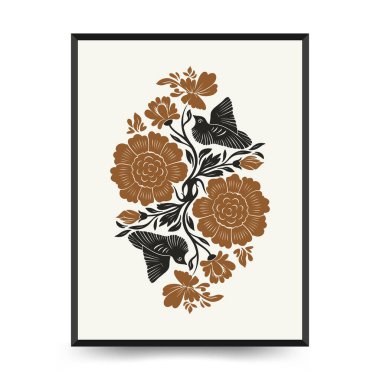 Folk süslü mistik İskandinav linokesim kuşları. Dekoratif baskılar için minimalist posterler.