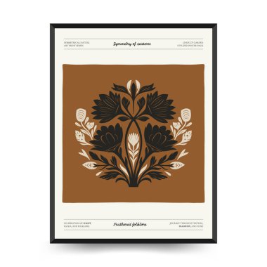 Folk süslü mistik İskandinav linokesim kuşları. Dekoratif baskılar için minimalist posterler.