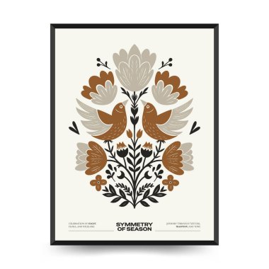 Folk süslü mistik İskandinav linokesim kuşları. Dekoratif baskılar için minimalist posterler.