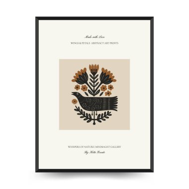 Folk süslü mistik İskandinav linokesim kuşları. Dekoratif baskılar için minimalist posterler.