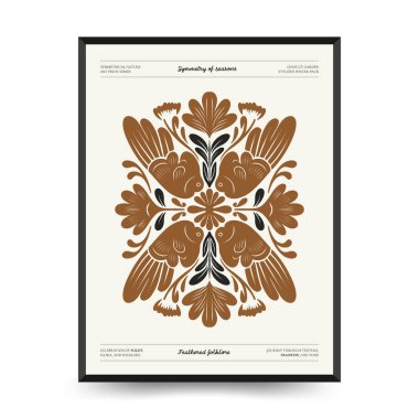 Folk süslü mistik İskandinav linokesim kuşları. Dekoratif baskılar için minimalist posterler.