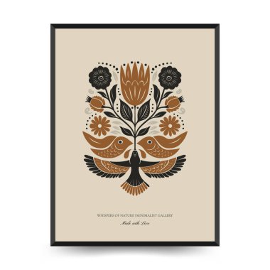 Folk süslü mistik İskandinav linokesim kuşları. Dekoratif baskılar için minimalist posterler.