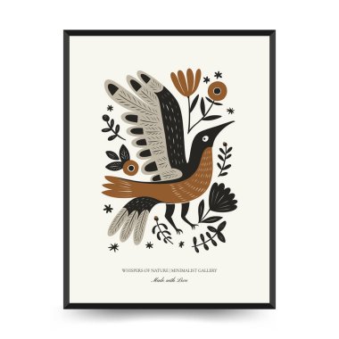 Folk süslü mistik İskandinav linokesim kuşları. Dekoratif baskılar için minimalist posterler.