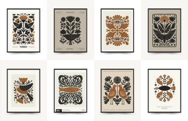 Folk süslü mistik İskandinav linokesim kuşları. Dekoratif baskılar için minimalist posterler