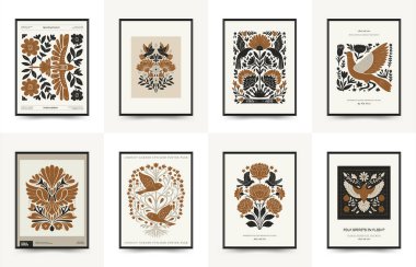 Folk süslü mistik İskandinav linokesim kuşları. Dekoratif baskılar için minimalist posterler