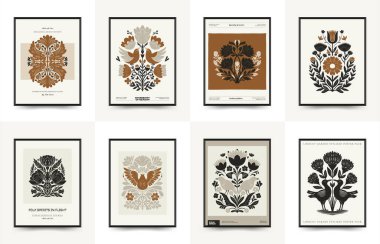 Folk süslü mistik İskandinav linokesim kuşları. Dekoratif baskılar için minimalist posterler