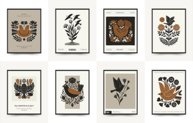 Folk süslü mistik İskandinav linokesim kuşları. Dekoratif baskılar için minimalist posterler