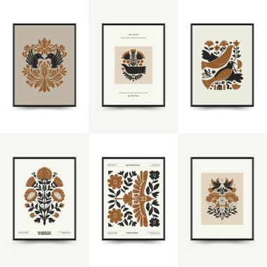 Folk süslü mistik İskandinav linokesim kuşları. Dekoratif baskılar için minimalist posterler
