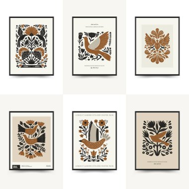 Folk süslü mistik İskandinav linokesim kuşları. Dekoratif baskılar için minimalist posterler