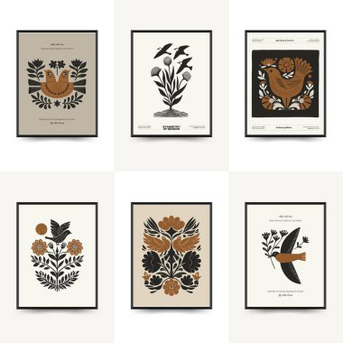 Folk süslü mistik İskandinav linokesim kuşları. Dekoratif baskılar için minimalist posterler