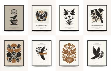 Folk süslü mistik İskandinav linokesim kuşları. Dekoratif baskılar için minimalist posterler