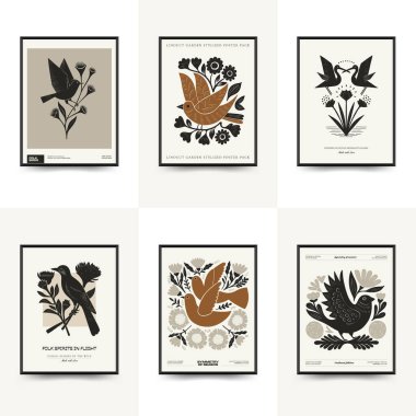 Folk süslü mistik İskandinav linokesim kuşları. Dekoratif baskılar için minimalist posterler