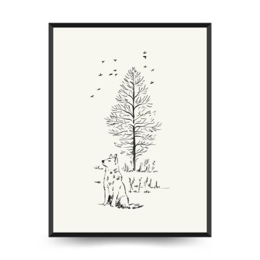 Mutlu Noeller ve mutlu noeller linocut poster şablonu. Modern trend Matisse minimal tarzı. Duvar kağıdı, duvar dekoru, baskı, kartpostal, kapak, şablon, pankart için el çizimi tasarımı.