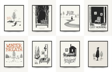 Mutlu Noeller ve mutlu noeller linocut poster şablonu. Modern trend Matisse minimal tarzı. Duvar kağıdı, duvar dekoru, baskı, kartpostal, kapak, şablon, pankart için el çizimi tasarımı.