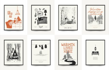 Mutlu Noeller ve mutlu noeller linocut poster şablonu. Modern trend Matisse minimal tarzı. Duvar kağıdı, duvar dekoru, baskı, kartpostal, kapak, şablon, pankart için el çizimi tasarımı.