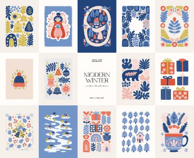 Mutlu Noeller ve mutlu yıllar illüstrasyonu. Modern trend Matisse minimal tarzı. Duvar kağıdı, duvar dekoru, baskı, kartpostal, kapak, şablon, pankart için el çizimi tasarımı.