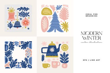 Mutlu Noeller ve mutlu yıllar illüstrasyonu. Modern trend Matisse minimal tarzı. Duvar kağıdı, duvar dekoru, baskı, kartpostal, kapak, şablon, pankart için el çizimi tasarımı.