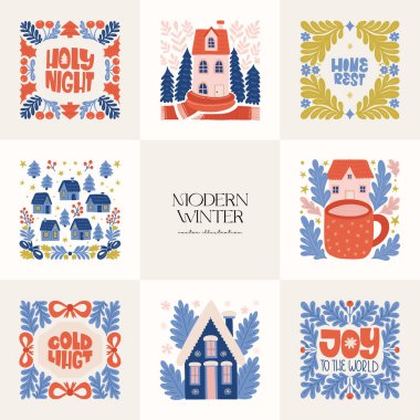 Mutlu Noeller ve mutlu yıllar illüstrasyonu. Modern trend Matisse minimal tarzı. Duvar kağıdı, duvar dekoru, baskı, kartpostal, kapak, şablon, pankart için el çizimi tasarımı.