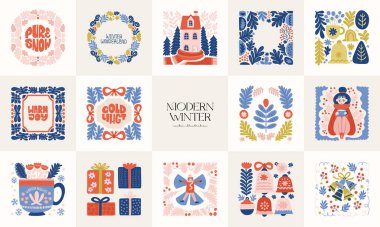 Mutlu Noeller ve mutlu yıllar illüstrasyonu. Modern trend Matisse minimal tarzı. Duvar kağıdı, duvar dekoru, baskı, kartpostal, kapak, şablon, pankart için el çizimi tasarımı.