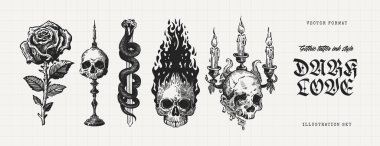 Siyah ve beyaz gotik dövme çizimi ayrıntılı bir klasik oyma ve ahşap kesim tarzıyla hazırlanmış gül, şamdandaki kafatası, hançere sarılı yılan, yanan kafatası ve mum tutacağı ile kafatası. Retro dövme flaş grafikleri izole edildi