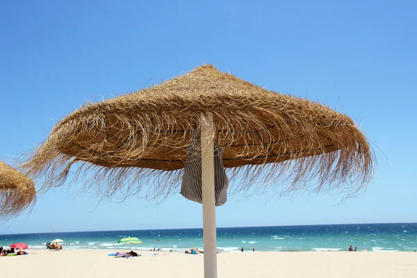 Straw umbrellas on a beach — Stock Photo, Image