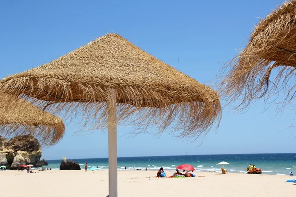 Straw umbrellas on a beach — Stock Photo, Image