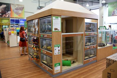 Evde beslenen hayvan bir süpermarkette evcil hayvan ürünleri.