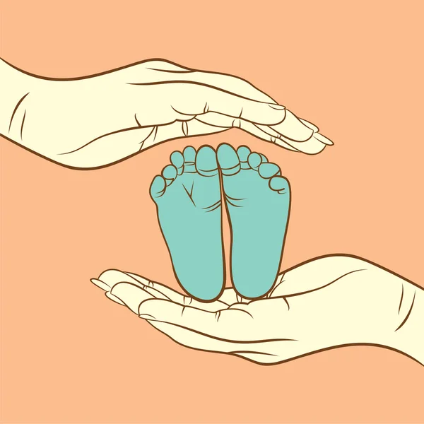 Pies de bebé entre manos — Vector de stock