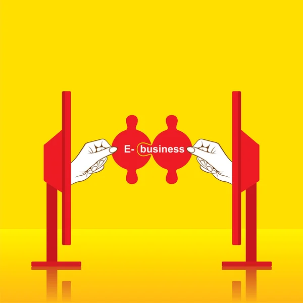 E business puzzle pieces in hands — Stock Vector