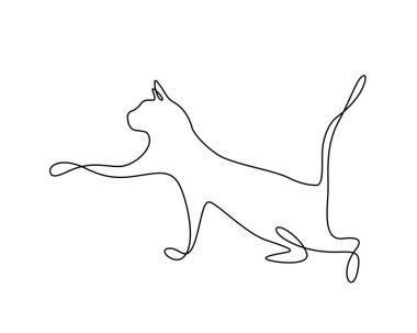 Bir çizgi kedi tasarımı. Kedi yavrusu patisiyle merakla geriniyor. Kedi hareket halinde. Beyaz arka planda siluet. Renkli siluet el çizimi. Logo. Minimalizm biçimi vektör çizimi