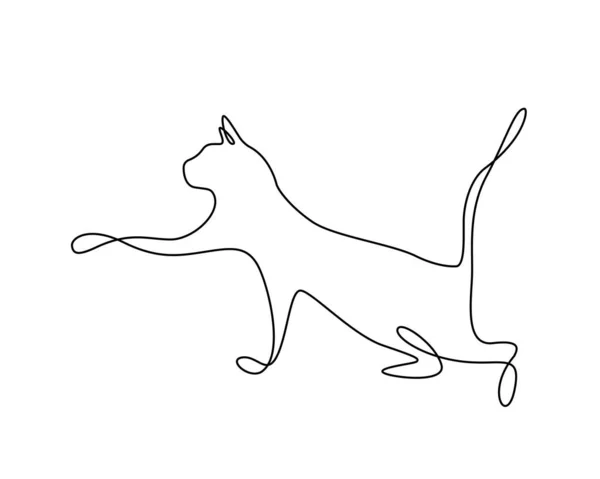 One line cat design. Kitten stretches with its paw with curiosity. The cat is in motion. Silhouette on white background. Colored silhouette hand drawn. Logo. Minimalism style vector illustration — Stock Vector