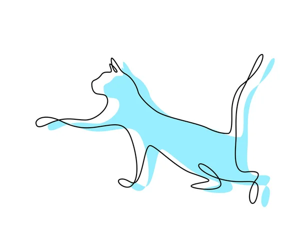 Μία γραμμή σχεδιασμού γάτας. Το γατάκι τεντώνεται με το πόδι του από περιέργεια. Η γάτα είναι σε κίνηση. Σιλουέτα με χρωματιστό μπλε φόντο. Χρωματιστή σιλουέτα ζωγραφισμένη στο χέρι. Λογότυπο. διάνυσμα στυλ μινιμαλισμού — Διανυσματικό Αρχείο