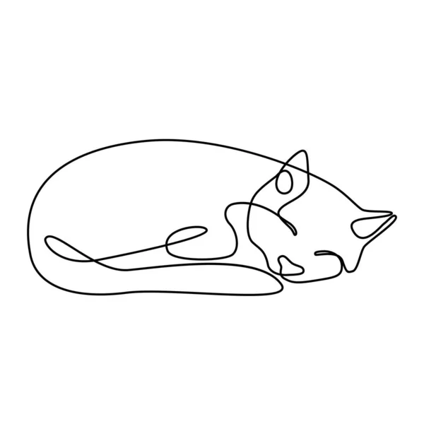 Sleeping Cat in continuous one line art style. Cat with curled tail. Kitten drawing using single one line drawing. Isolated on white background. Hand drawn minimalism style vector illustration — Stock Vector