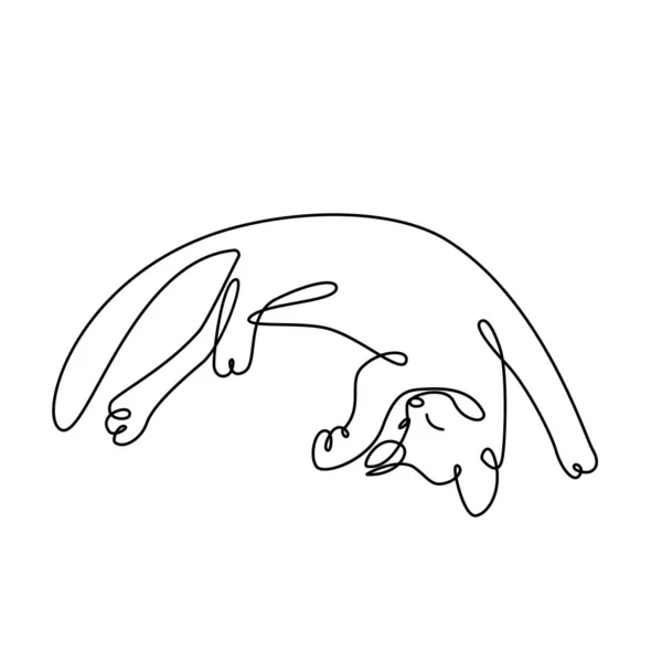 Непрерывный рисунок одной линии смешного кота покоится на его спине. Кошка легла и выгнулась. Кошачий силуэт. Животные каракули символизируют минималистическое линейное искусство. Для баннера, логотипа, кошачьей иллюстрации, карточки — стоковый вектор