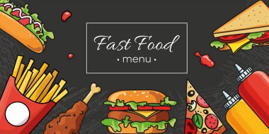 Set of handdrawn fast food. Template with junk food. Flat vector design for banner. Decorative banner with hand drawn colored burgers, drinks, french fries, sandwiches on black background