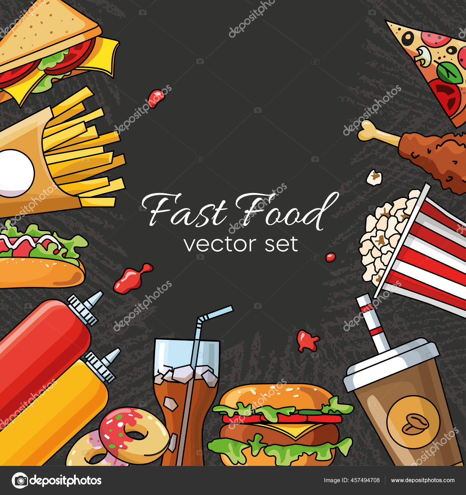 Fast food set vector isolated on black background. Template with junk food.  Tasty set fast food. Unhealthy food in flat style. Banner with hand drawn  colored burgers, drinks, french fries, sandwiche Stock